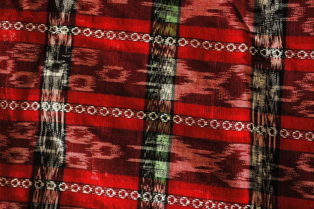 Hand Woven Fabric from Verapaces Guatemala Ikat Red , Black, White with Metallic Threads Per Yard