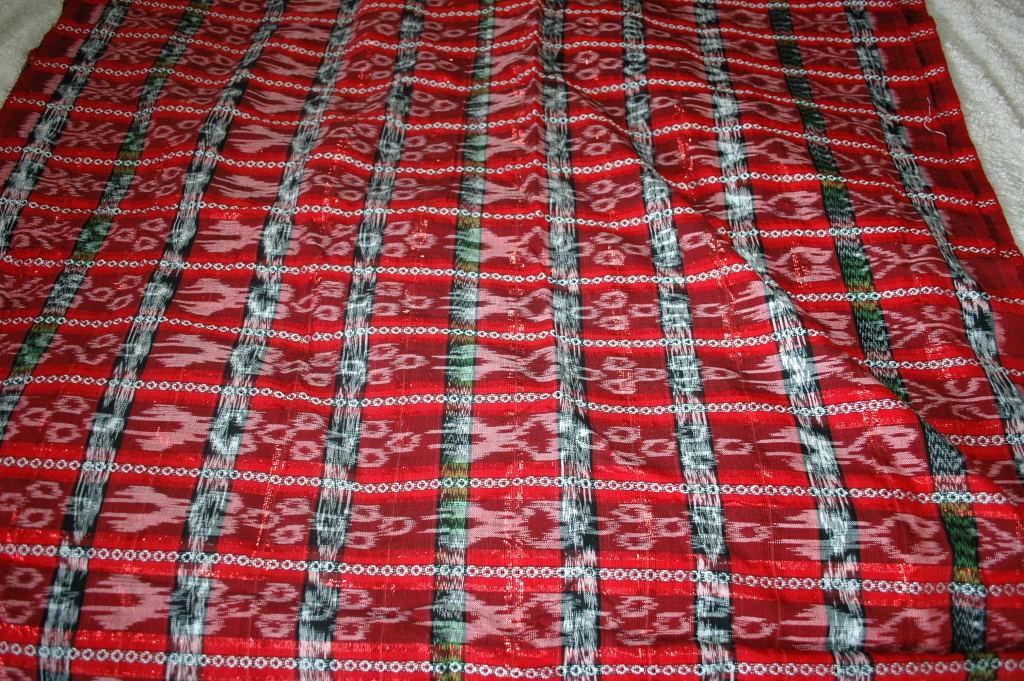 Hand Woven Fabric from Verapaces Guatemala Ikat Red , Black, White with Metallic Threads Per Yard