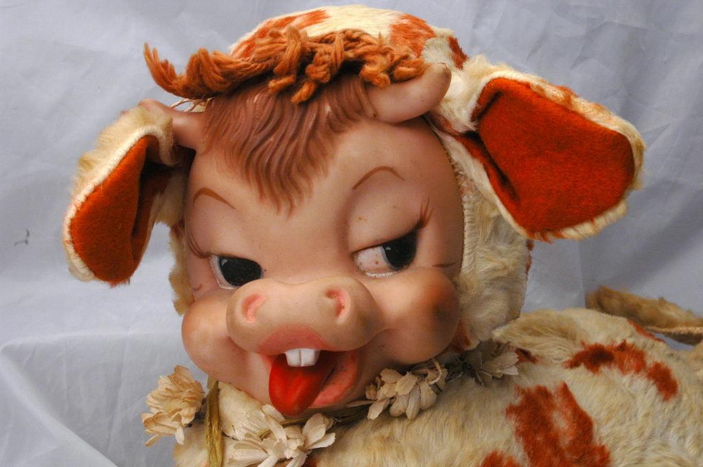 Rushton Rubber Face Dairy Cow with Bell, Vintage Rare Plush Toy