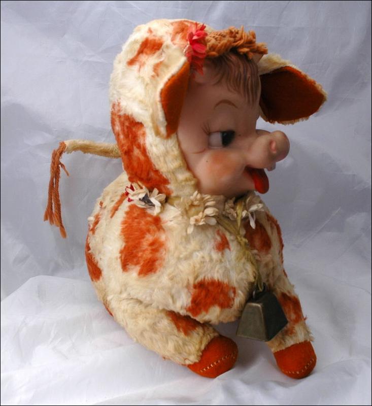 Rushton Rubber Face Dairy Cow with Bell, Vintage Rare Plush Toy