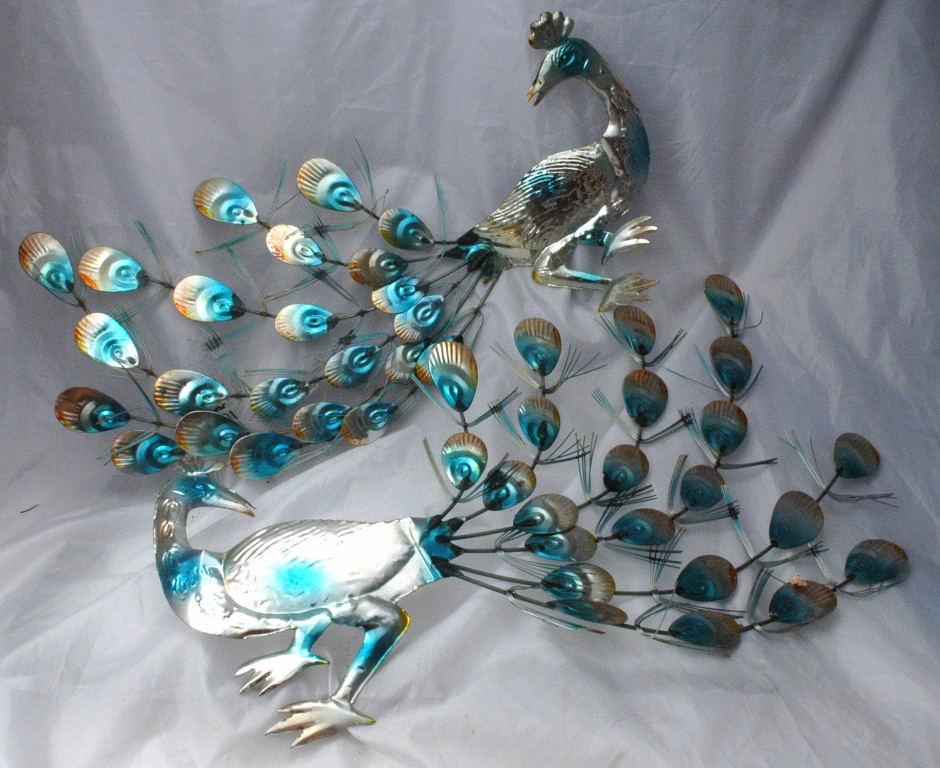 Hammered , Painted Tin Peacocks Wall Art , Retro Vintage