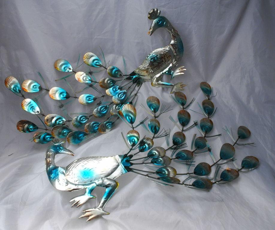Hammered , Painted Tin Peacocks Wall Art , Retro Vintage
