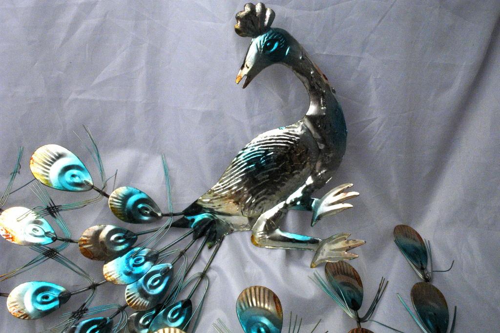 Hammered , Painted Tin Peacocks Wall Art , Retro Vintage