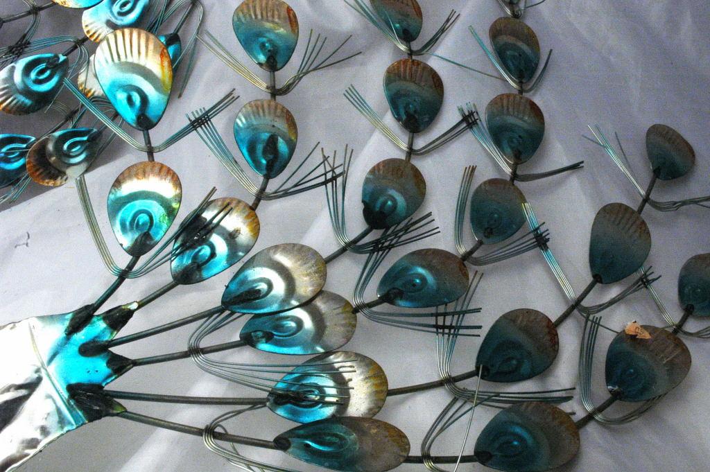 Hammered , Painted Tin Peacocks Wall Art , Retro Vintage