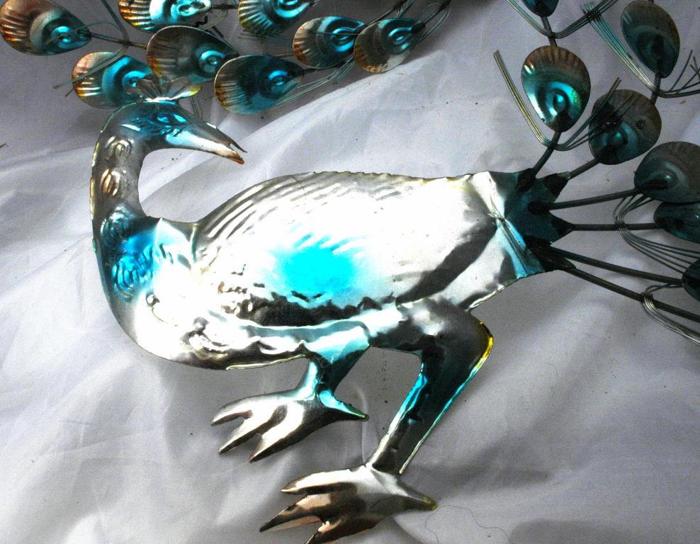 Hammered , Painted Tin Peacocks Wall Art , Retro Vintage