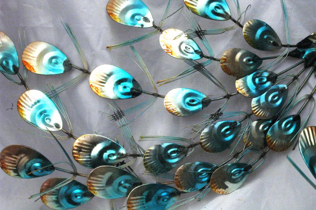 Hammered , Painted Tin Peacocks Wall Art , Retro Vintage