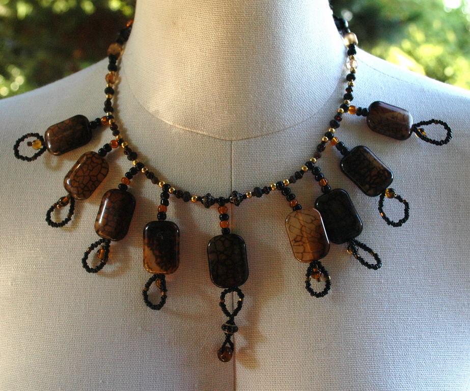 Hand Crafted One of Kind Fire Agate Stones and Beads Necklace Exotic Tribal Bib Design