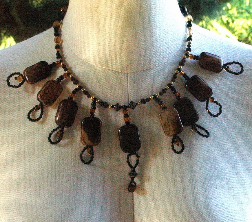 Hand Crafted One of Kind Fire Agate Stones and Beads Necklace Exotic Tribal Bib Design