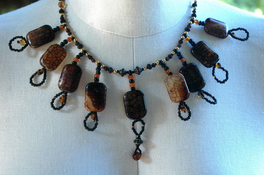 Hand Crafted One of Kind Fire Agate Stones and Beads Necklace Exotic Tribal Bib Design