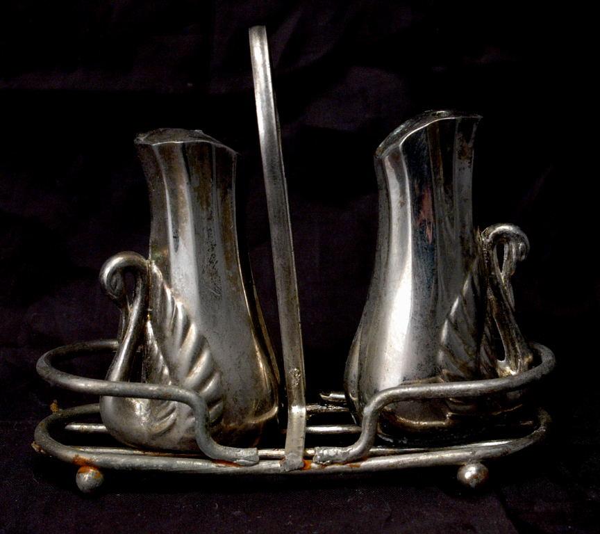 Silver Plated Swan Salt Pepper Shakers with Basket Caddy