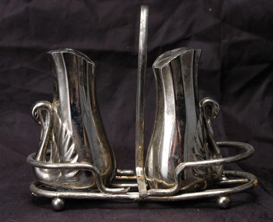 Silver Plated Swan Salt Pepper Shakers with Basket Caddy