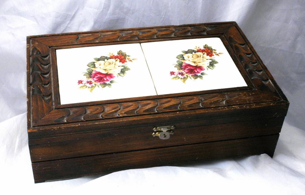 Carved Wood and Rose Tile Storage Box, Mexican Folk Art
