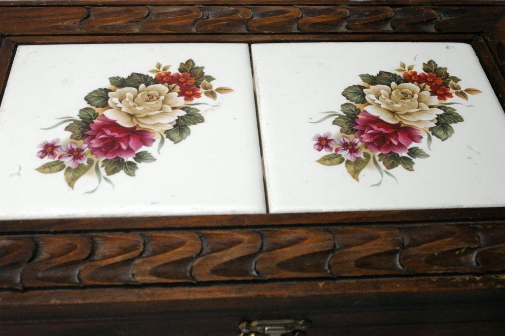 Carved Wood and Rose Tile Storage Box, Mexican Folk Art