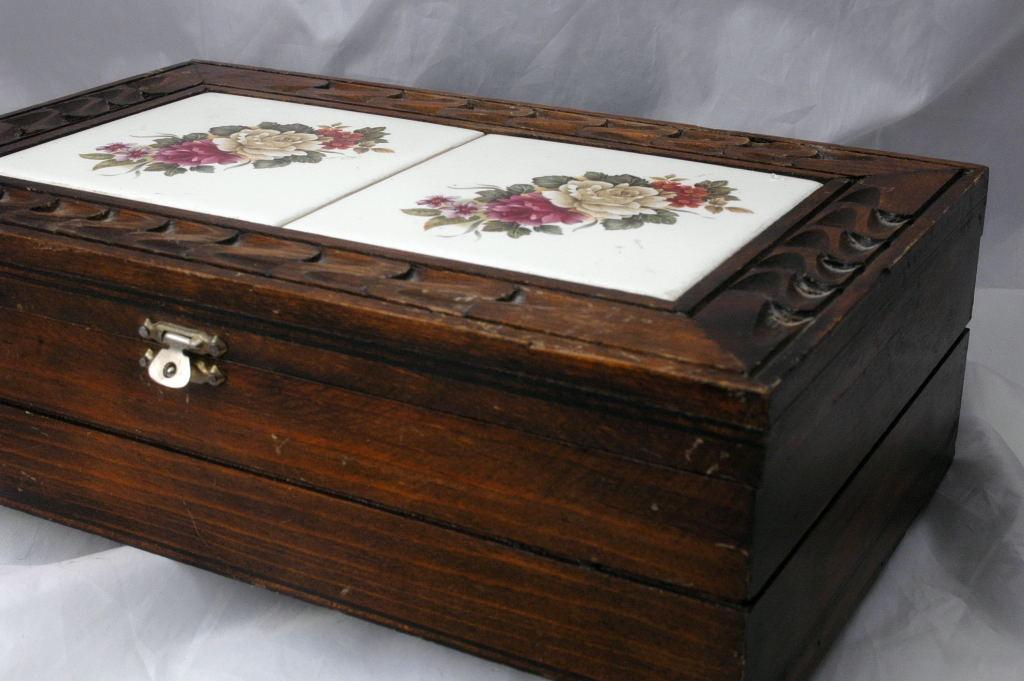 Carved Wood and Rose Tile Storage Box, Mexican Folk Art