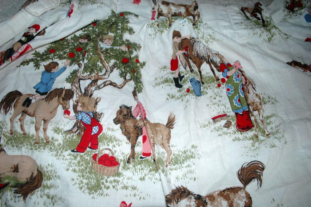 Barkcloth Drapery Fabric Panel, Children, Nursery Theme Ponies Apple Trees, Boys and Girls