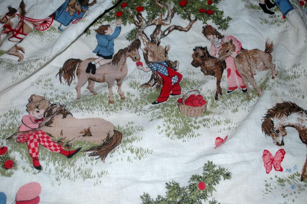Barkcloth Drapery Fabric Panel, Children, Nursery Theme Ponies Apple Trees, Boys and Girls