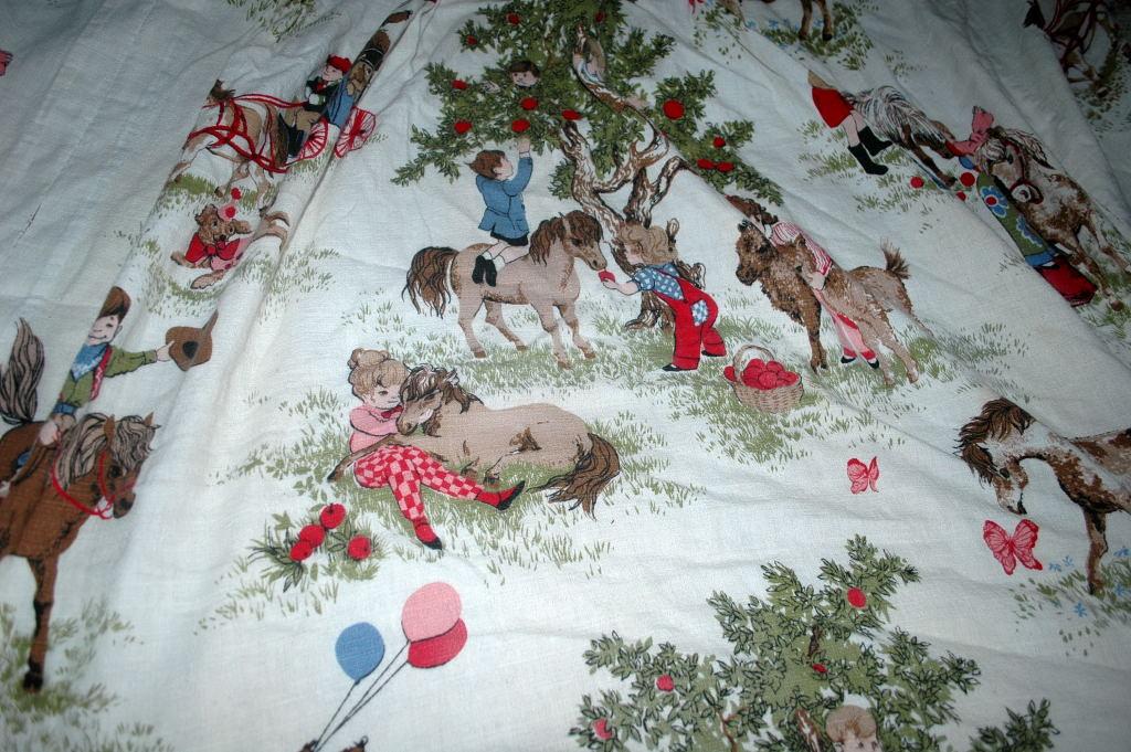 Barkcloth Drapery Fabric Panel, Children, Nursery Theme Ponies Apple Trees, Boys and Girls