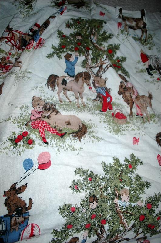 Barkcloth Drapery Fabric Panel, Children, Nursery Theme Ponies Apple Trees, Boys and Girls