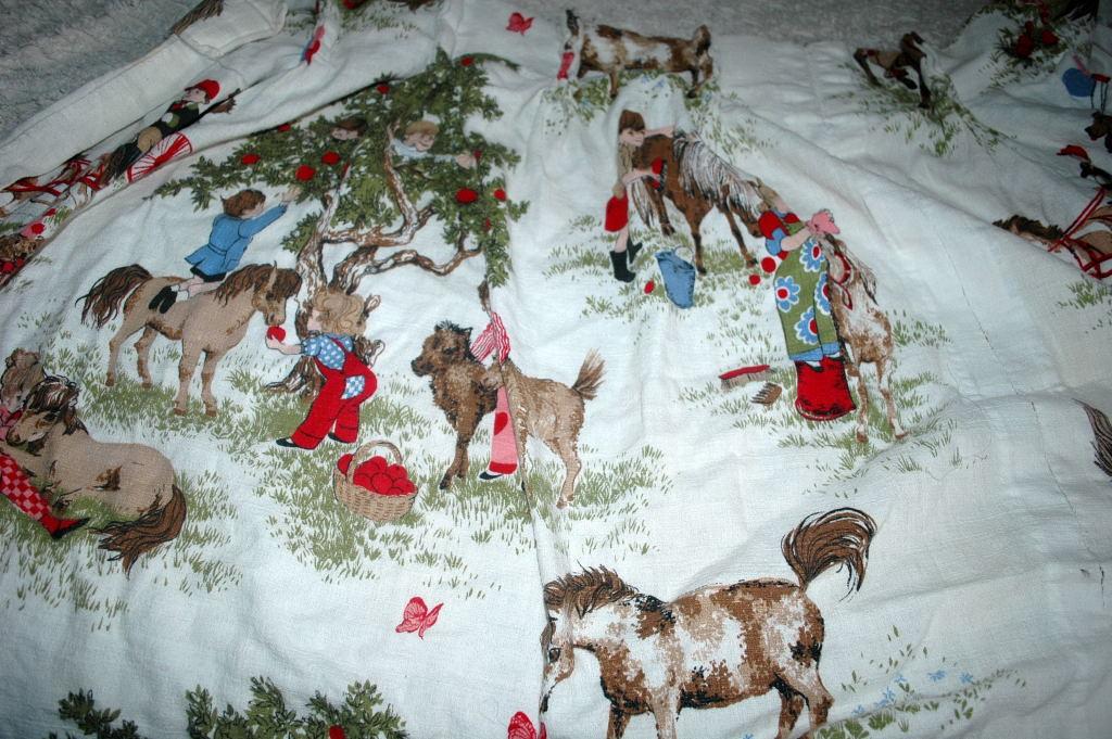 Barkcloth Drapery Fabric Panel, Children, Nursery Theme Ponies Apple Trees, Boys and Girls