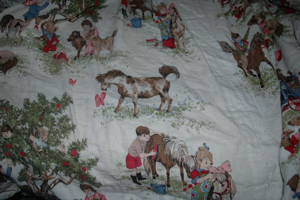 Barkcloth Drapery Fabric Panel, Children, Nursery Theme Ponies Apple Trees, Boys and Girls