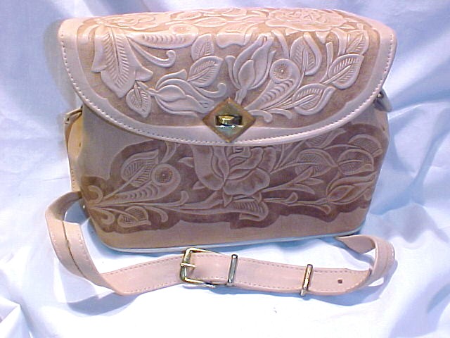 Vintage Blonde Tooled Leather Purse Roses
