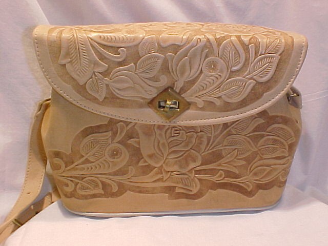 Vintage Blonde Tooled Leather Purse Roses