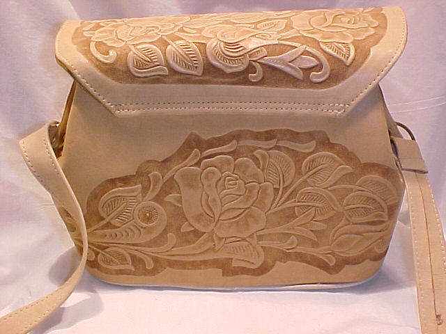 Vintage Blonde Tooled Leather Purse Roses