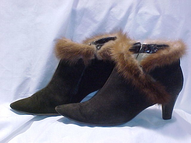 Vintage High Fashion High Heal Ankle Boots Suede with Mink Trim