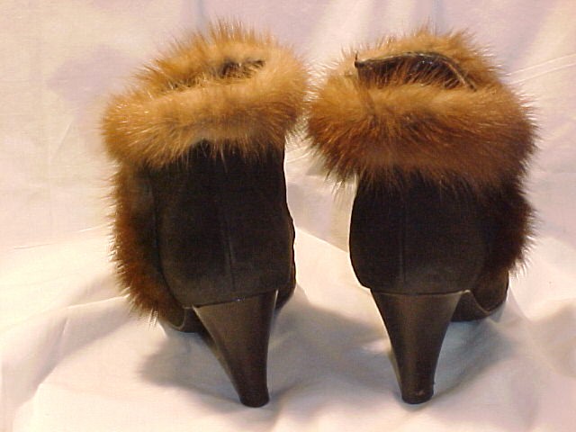 Vintage High Fashion High Heal Ankle Boots Suede with Mink Trim