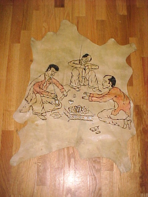 Painted Leather Sheepksin of Asian Men Smoking