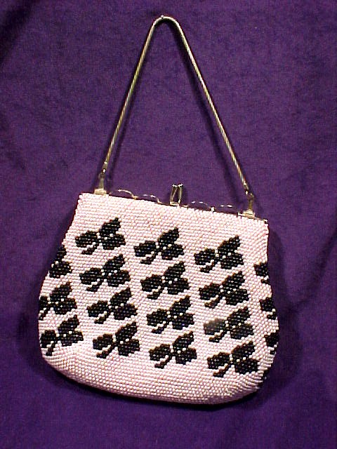Beaded Purse Pink with Black Clubs or Clovers