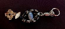 Goth Heart Keychain, Beaded Key Chain of Fire Agate, Glass with Silver Cross