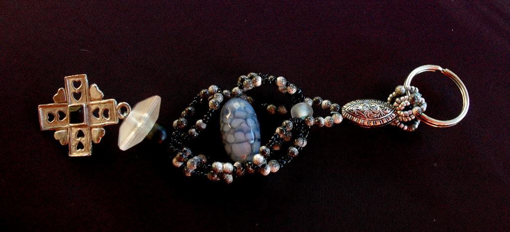 Goth Heart Keychain, Beaded Key Chain of Fire Agate, Glass with Silver Cross