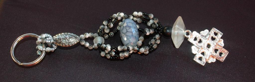 Goth Heart Keychain, Beaded Key Chain of Fire Agate, Glass with Silver Cross