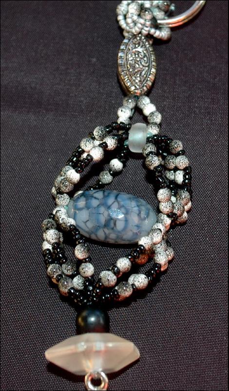 Goth Heart Keychain, Beaded Key Chain of Fire Agate, Glass with Silver Cross