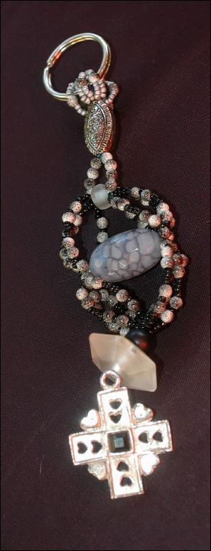 Goth Heart Keychain, Beaded Key Chain of Fire Agate, Glass with Silver Cross