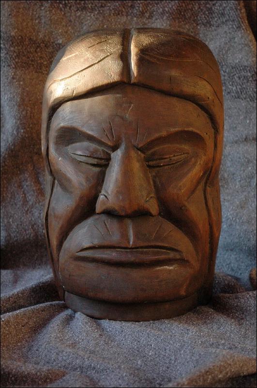 Native American Indian Cedar Wood Carving Man's Face Bust, Totem