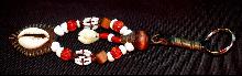 Beaded Keychain, Fob Tribal, Nataive, Hand Crafted One of a Kind Key Ring of leather, glass, shell, brass,