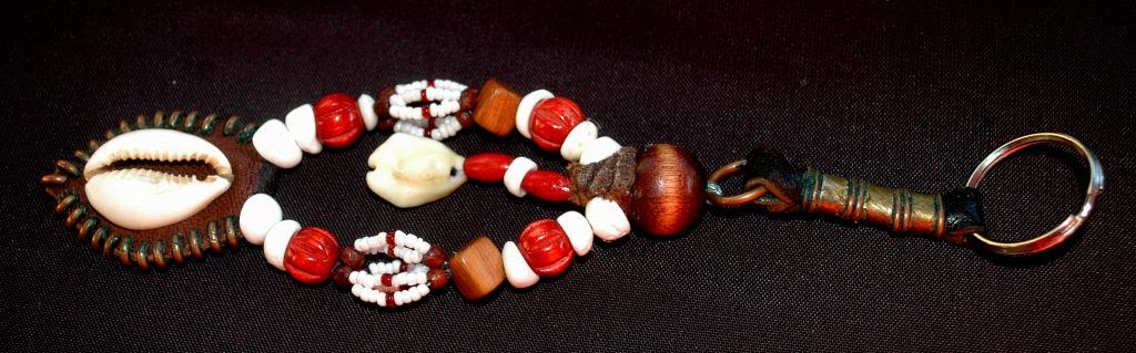 Beaded Keychain, Fob Tribal, Nataive, Hand Crafted One of a Kind Key Ring of leather, glass, shell, brass,