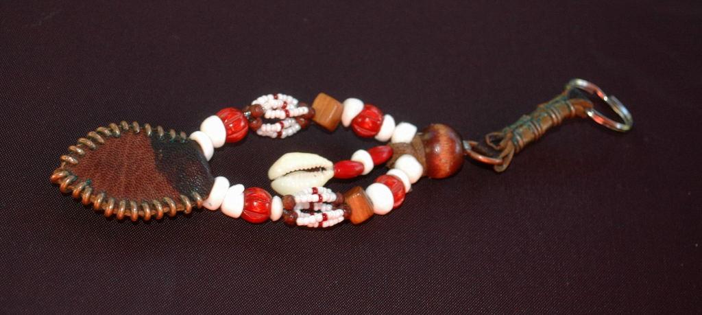 Beaded Keychain, Fob Tribal, Nataive, Hand Crafted One of a Kind Key Ring of leather, glass, shell, brass,