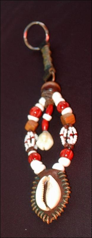 Beaded Keychain, Fob Tribal, Nataive, Hand Crafted One of a Kind Key Ring of leather, glass, shell, brass,