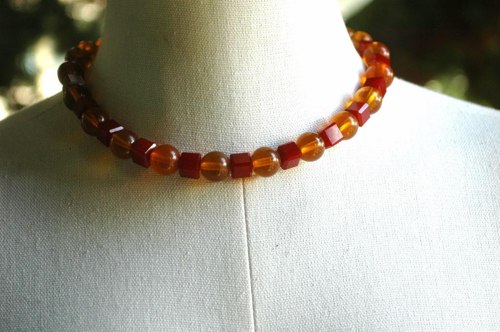 Red Bakelite and Amber Lucite Beaded Choker Necklace