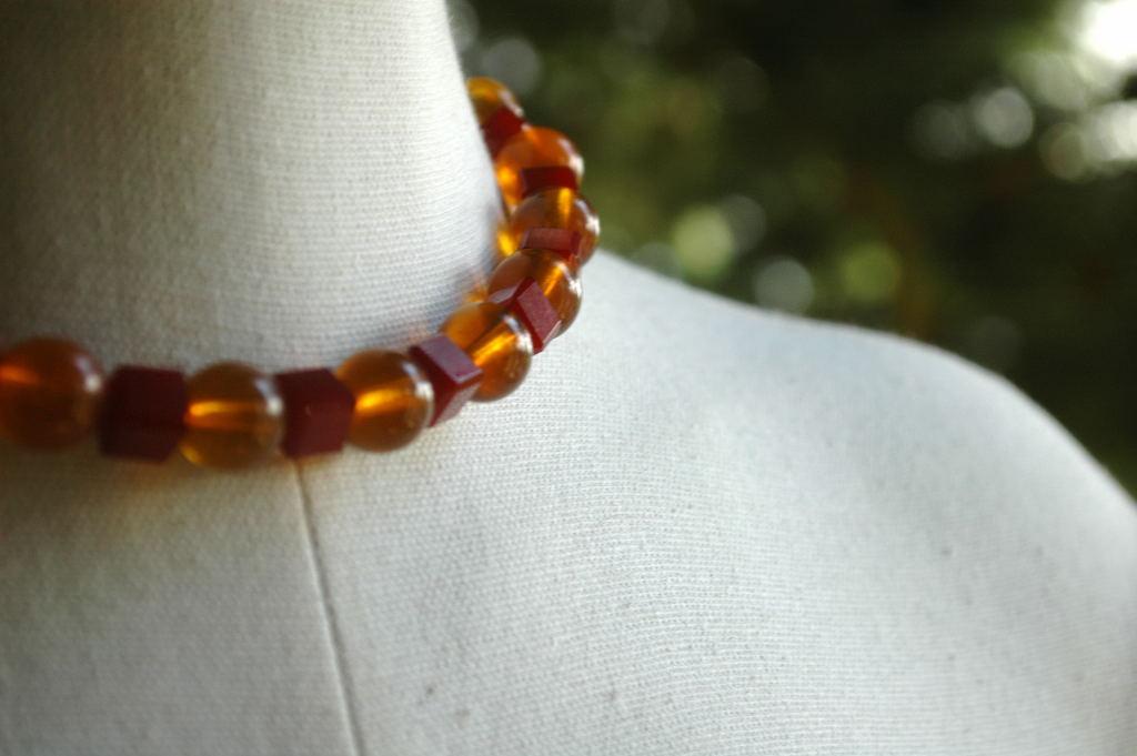 Red Bakelite and Amber Lucite Beaded Choker Necklace