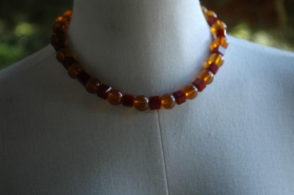 Red Bakelite and Amber Lucite Beaded Choker Necklace