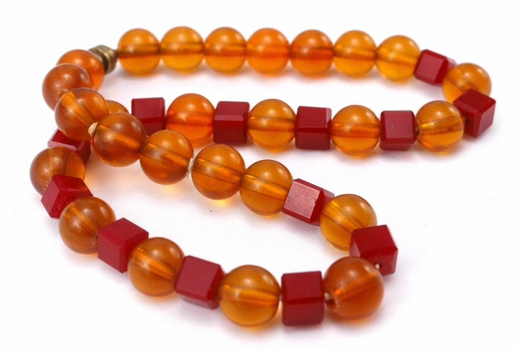 Red Bakelite and Amber Lucite Beaded Choker Necklace
