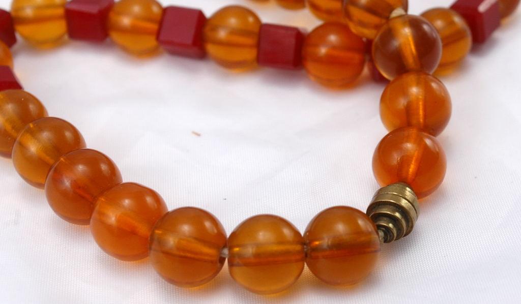 Red Bakelite and Amber Lucite Beaded Choker Necklace