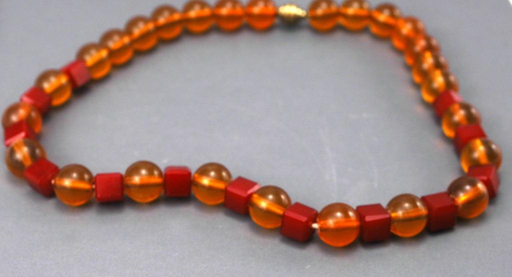 Red Bakelite and Amber Lucite Beaded Choker Necklace