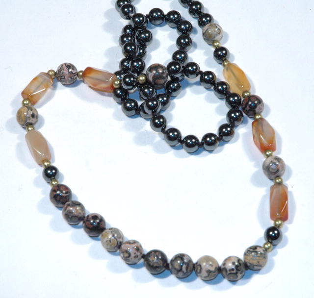 Necklace Mult semi precious gemstones of hematite, carnelian and leopard skin agate
