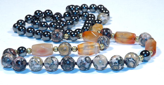 Necklace Mult semi precious gemstones of hematite, carnelian and leopard skin agate