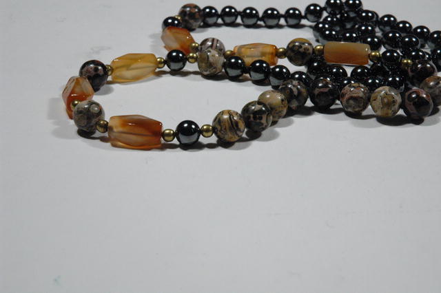 Necklace Mult semi precious gemstones of hematite, carnelian and leopard skin agate